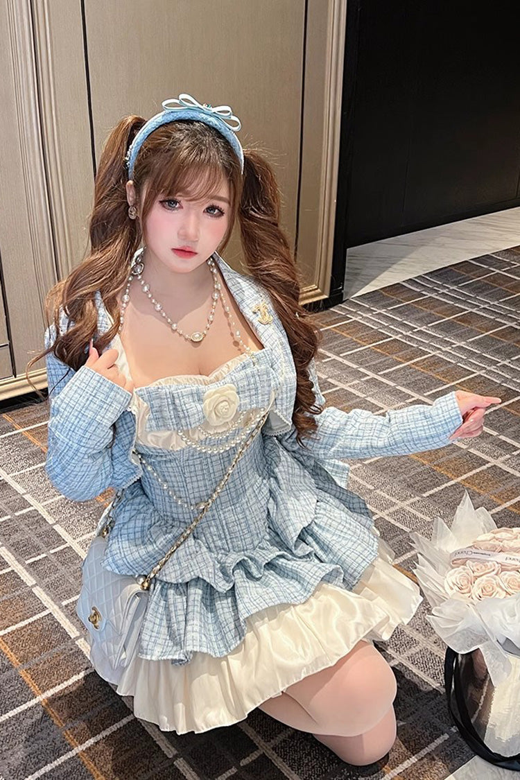 Camellia Blue Miss Plaid Print Ruffle Bowknot Sweet Lolita Dress