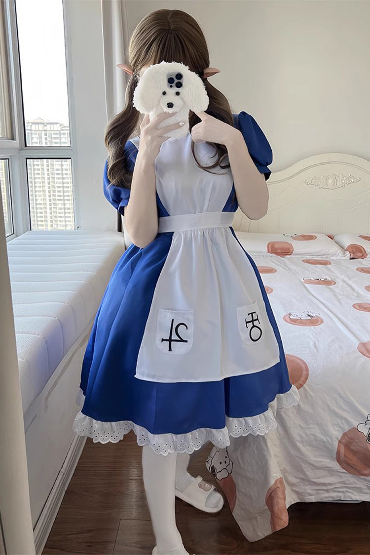 Blue/White Alice Madness Returns Short Sleeves Ruffle Sweet Plus Size Lolita Dress Full Set