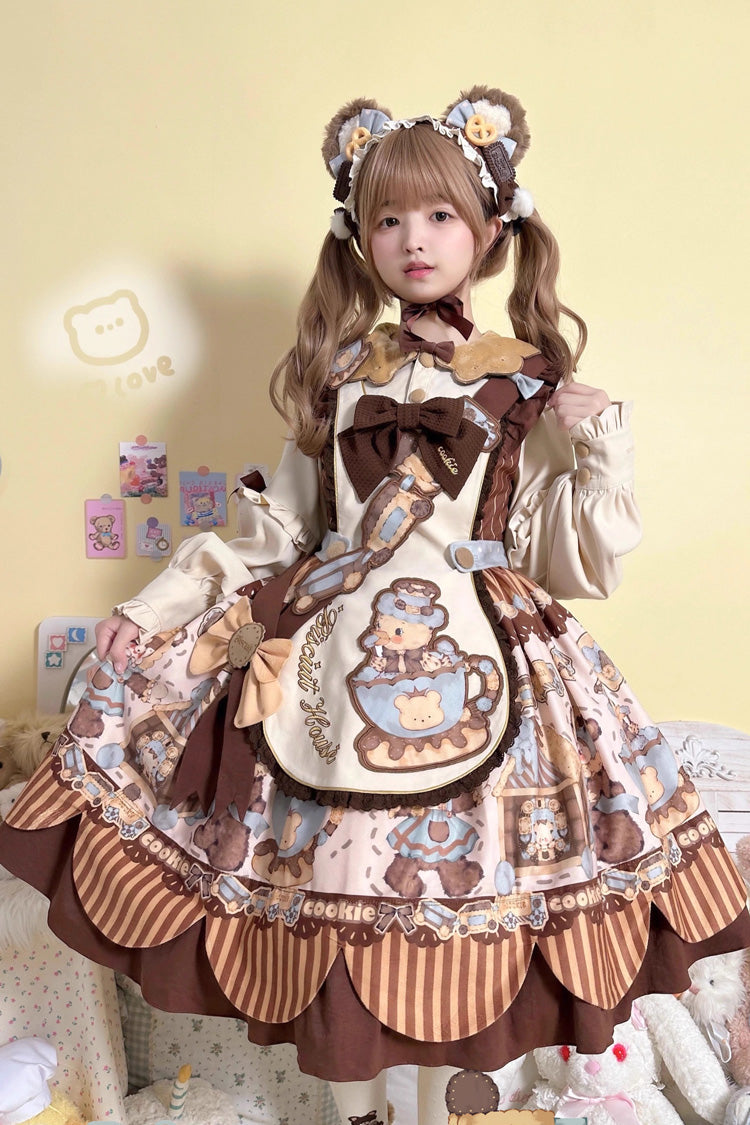 Bear Cookie Long Sleeves Print Bowknot Sweet Lolita Dress Set 2 Colors