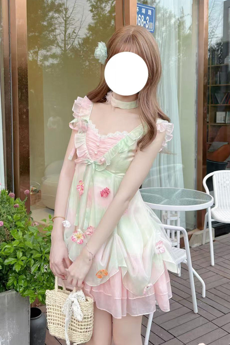 Pink/Green Dream of Flowers Sleeveless Print Ruffle Lace Sweet Princess Lolita Jsk Dress