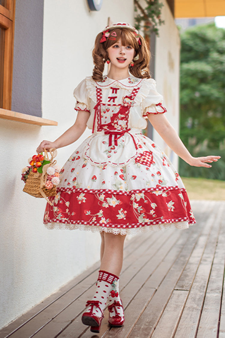 Red/White Strawberry Orchard Print Ruffle Detachable Sweet Lolita Strap Dress