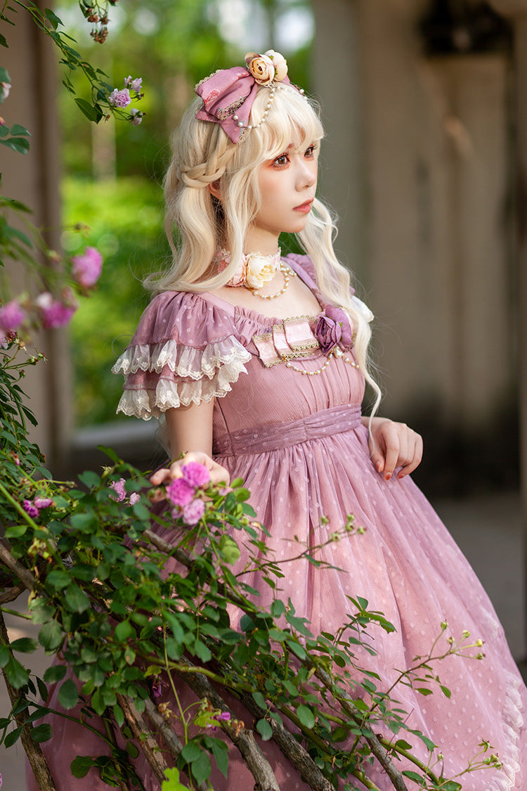 Pink Moon goddess *Mediana* Polka Dot Print Ruffle Bowknot Asymmetric Sweet Elegant Lolita Dress