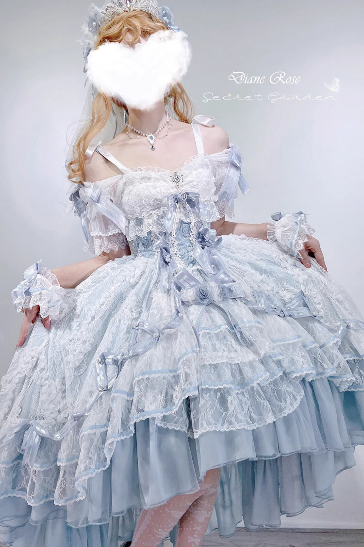 Blue Diane Rose Short Sleeves Multi-Layered Jacquard Ruffle Hanayome Cardigan Bowknot Lace Sweet Lolita Dress