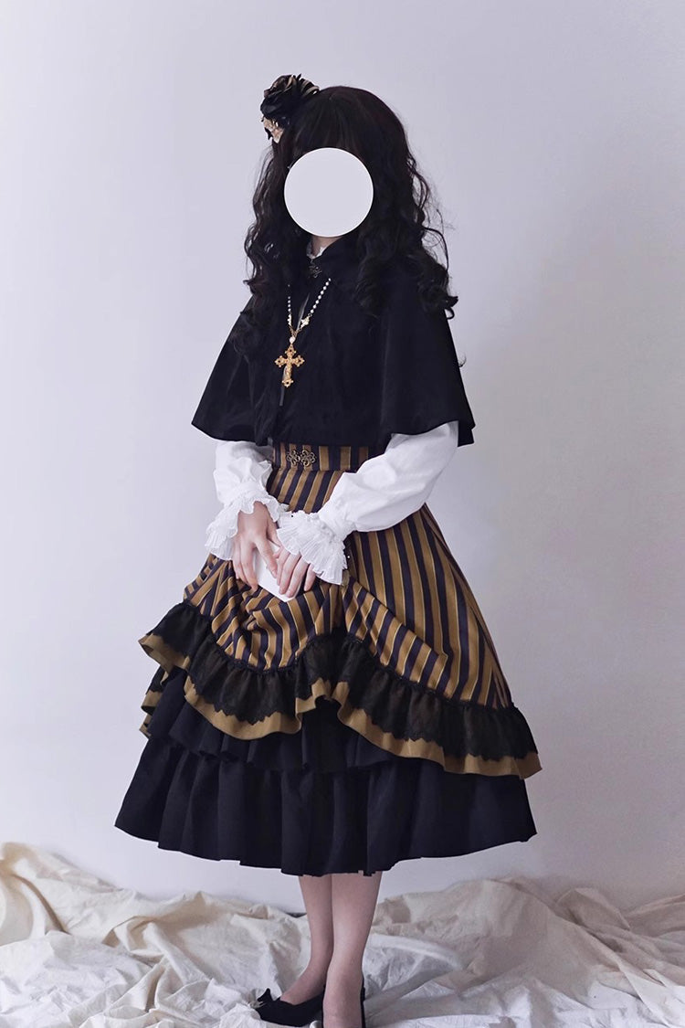 Point Manor Multi-layer Striped Print Ruffle Vintage Elegant Gothic Lolita Skirt 4 Colors