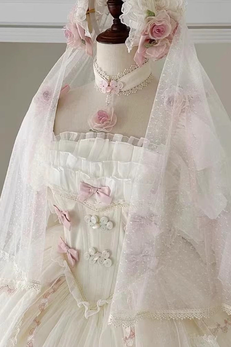 White Mist and Tulle Square Collar Multi-Layered Ruffled Hanayome Bow Lace Sweet Princess Gorgeous Lolita Dress
