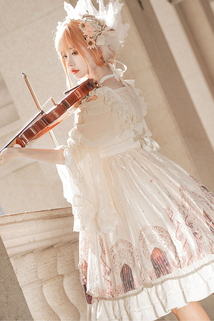 Ivory Ancient Mythology Angel Wings Print Mesh Stitching Bowknot Ruffled Gothic Lolita Jsk Dress