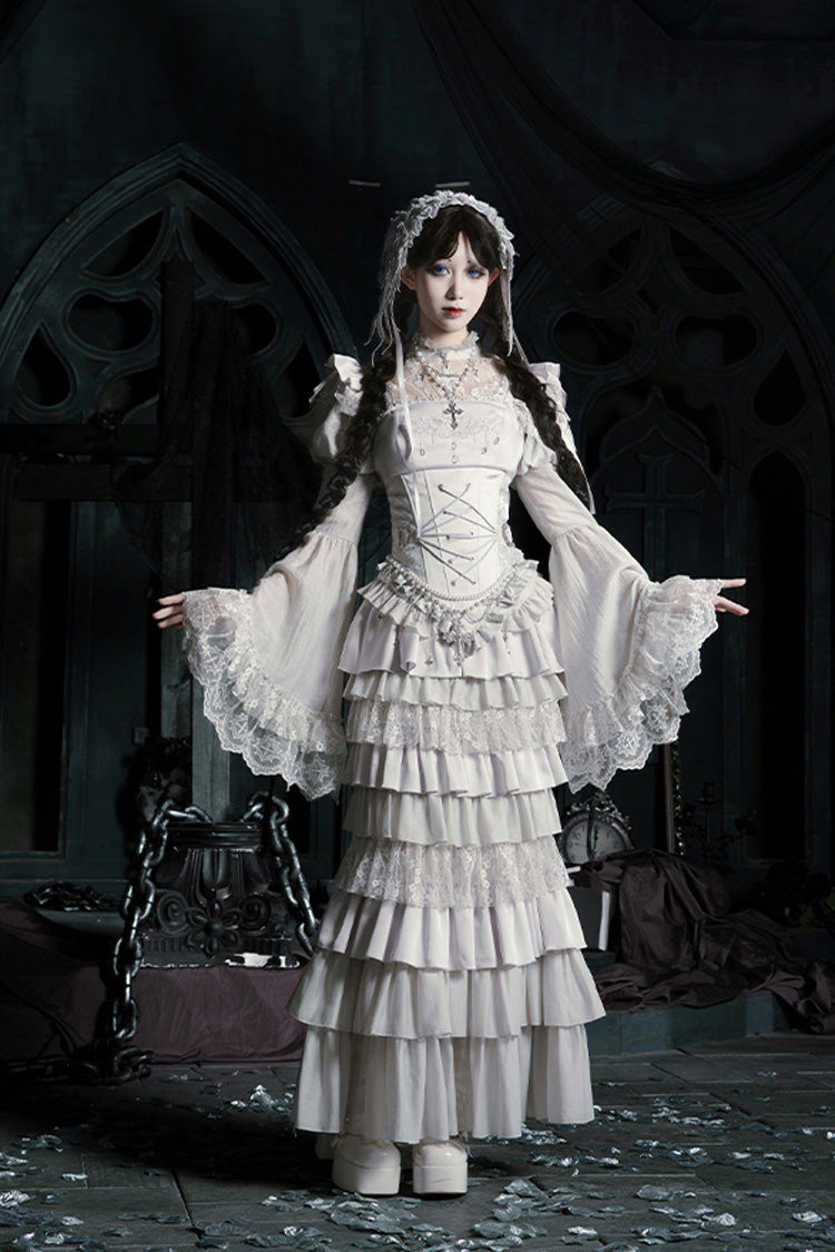 Solid Color Bionic Doll Square Collar Multi-Layered Ruffle Bowknot Lace-Up Gothic Lolita Fishtail Skirt Corset Set