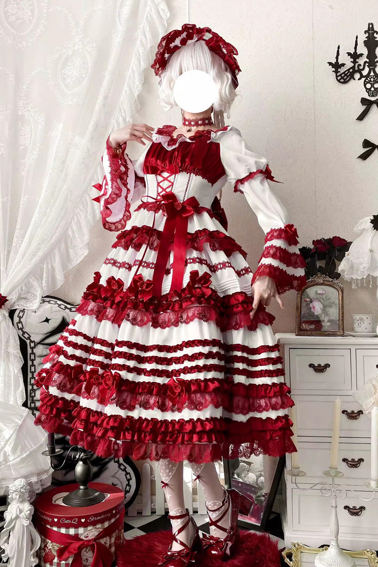 White/Red Layered Red Velvet Short Sleeves Ruffle Bowknot Lace Sweet Lolita Dress