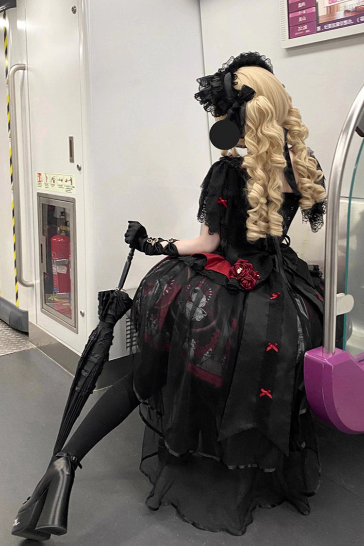 Red Dark Moon Corridor Print Embroidery Gothic Lolita Dress Skirt