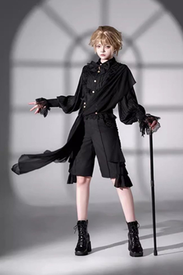 Black Eternal City Long Sleeves Lace Gothic Prince Medieval Ouji Lolita Blouse Knee-Length Shorts Set