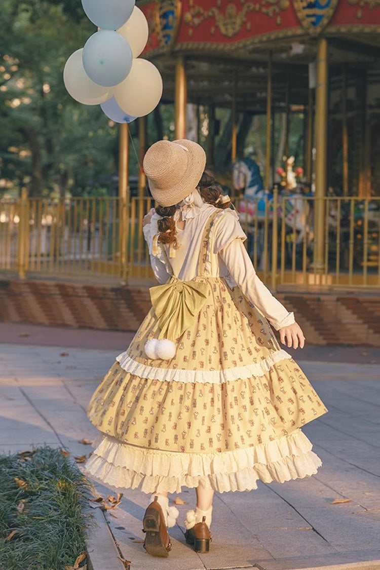 Yellow Stuffed Bear Print Bowknot Sweet Lolita Jsk Dress