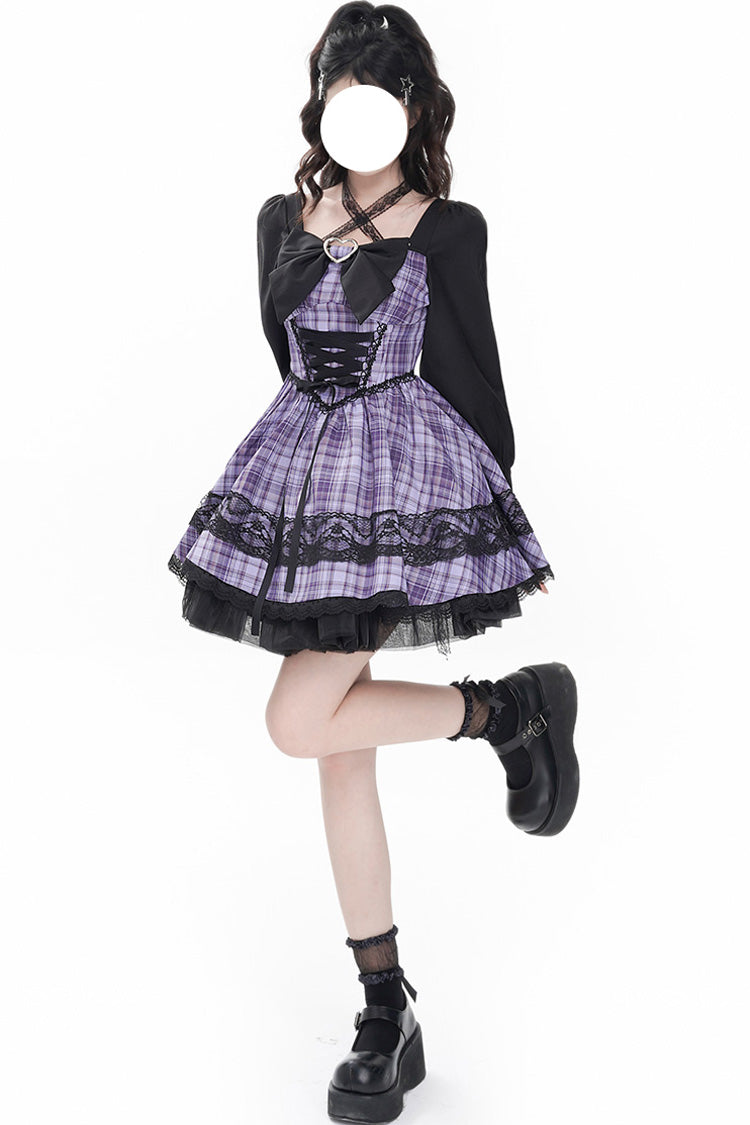 Purple Witch Time Long Sleeves Plaid Print Bowknot Lace Sweet Lolita Dress
