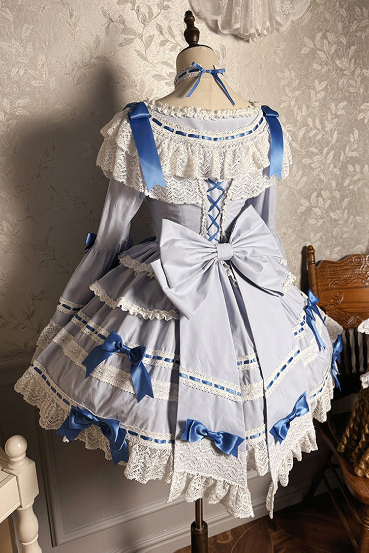 Blue/White Rabbit Sleeping Doll Long Trumpet Sleeves Ruffle Bowknot Lace Sweet Lolita Dress