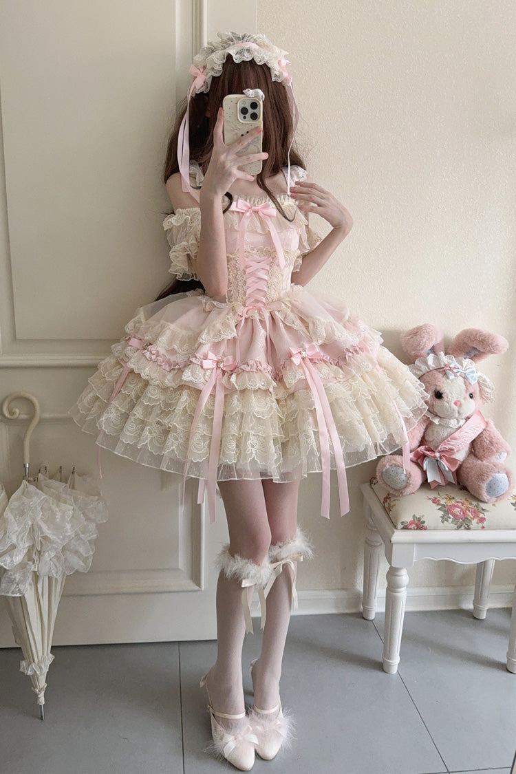 Pink Ribbon Heart Love Sleeveless Multi-Layered Ruffle Bowknot Lace Lace-Up Sweet Princess Ballet Lolita Jsk Dress