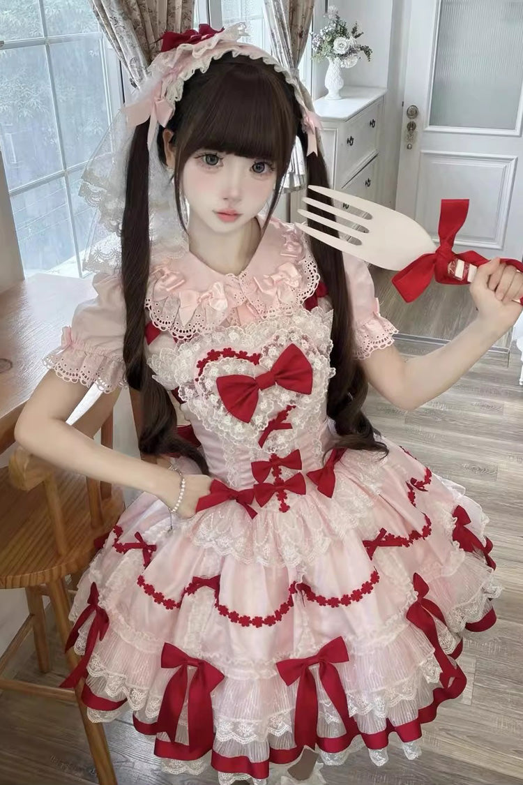 Red/Pink Scarlet Heart Cocoa Sleeveless Triple-Layered Ruffle Embroidery Bowknot Lace Sweet Lolita Jsk Dress