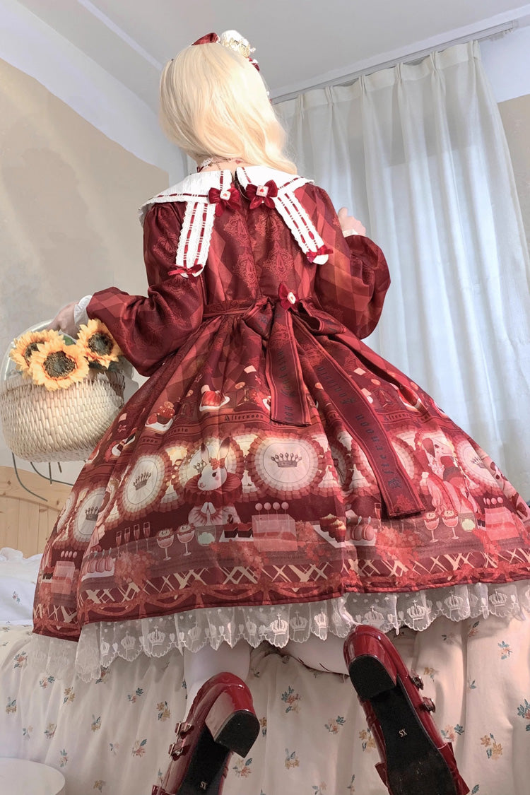 Red Afternoon Fantasia Print Ruffle Bowknot Sweet Lolita Jsk Dress