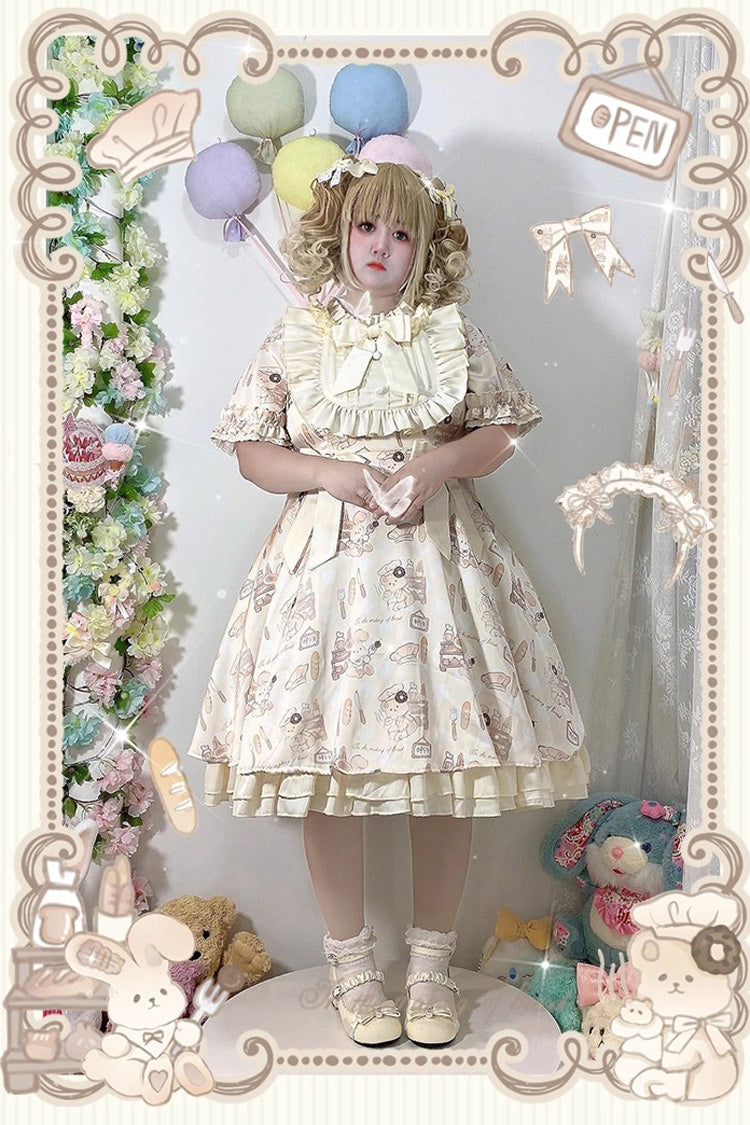 Ivory Short Puff Sleeves Print Ruffle Bowknot Plus Size Princess Lolita Dress