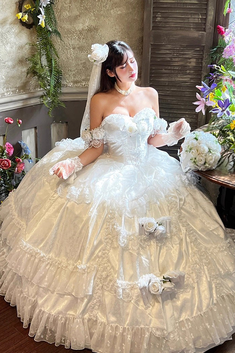 White Love and Roses Ruffle Hanayome Bowknot Lace Sweet Princess Lolita Jsk Dress