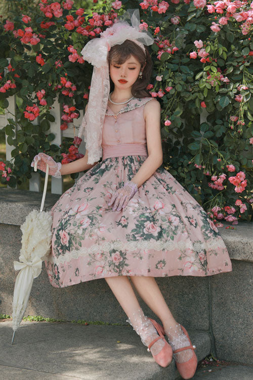 Pink Elegant Vintage French Rose Floral Print V Collar Sleeveless Ruffled Classic Lolita JSK Dress