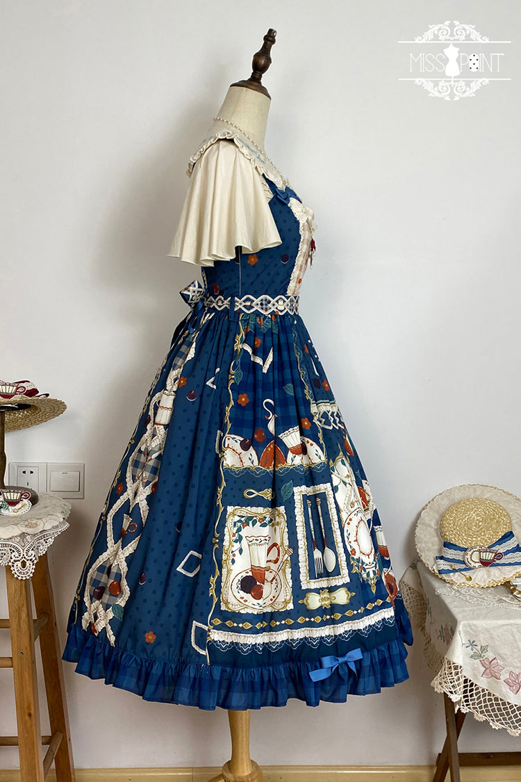 Dark Blue Tea Party Print Ruffle Bowknot Lace Sweet Elegant Lolita Jsk Dress