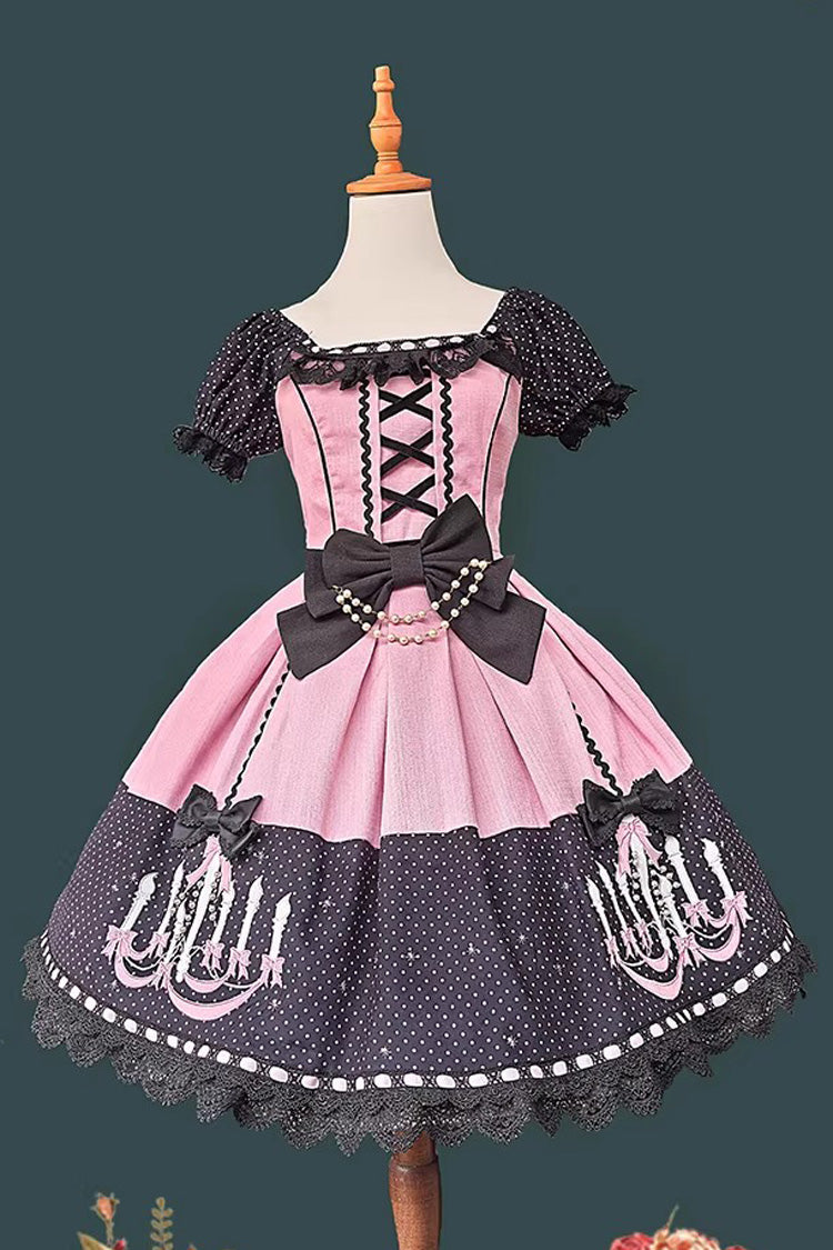Chandelier Printed Sweet Short Sleeves Bow Lace-Up Pearl-Decorated Lolita Dress 4 Colors