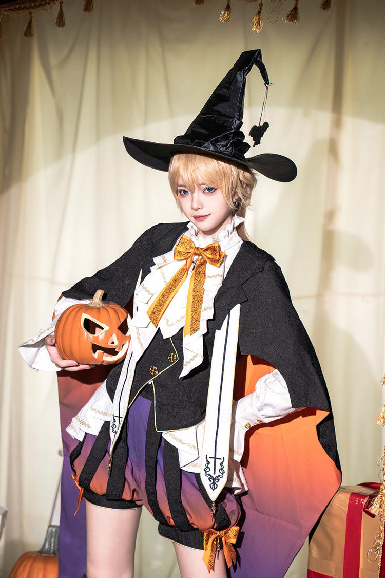Black/Brown Little Devil Stand Collar Long Sleeves Gradient Print Ruffle Bowknot Gothic Prince Ouji Lolita Set
