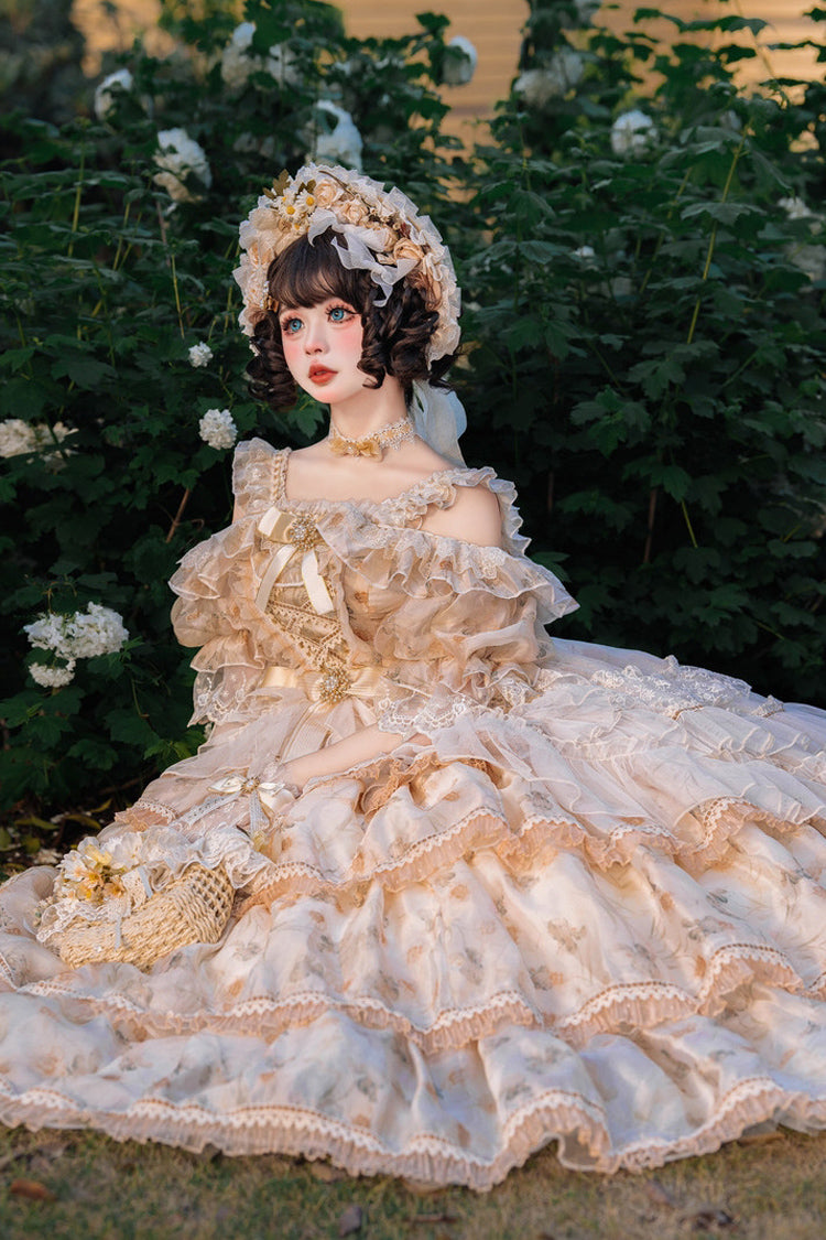 Yellow Rose Letter Off Shoulder Triple-Layered Print Ruffle Hanayome Sweet Princess Lolita Dress