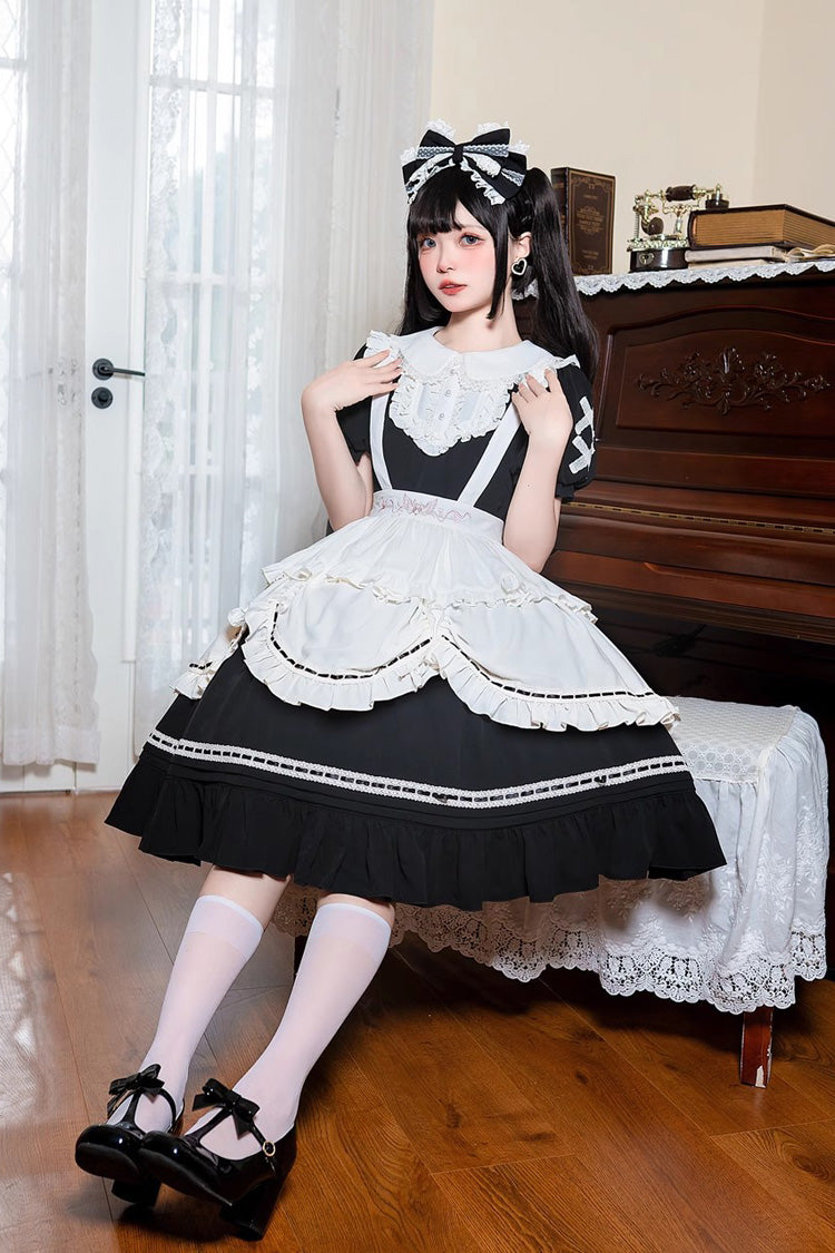 Black Lapel Collar Short Sleeves Ruffle Bowknot Maid Gothic Lolita Dress