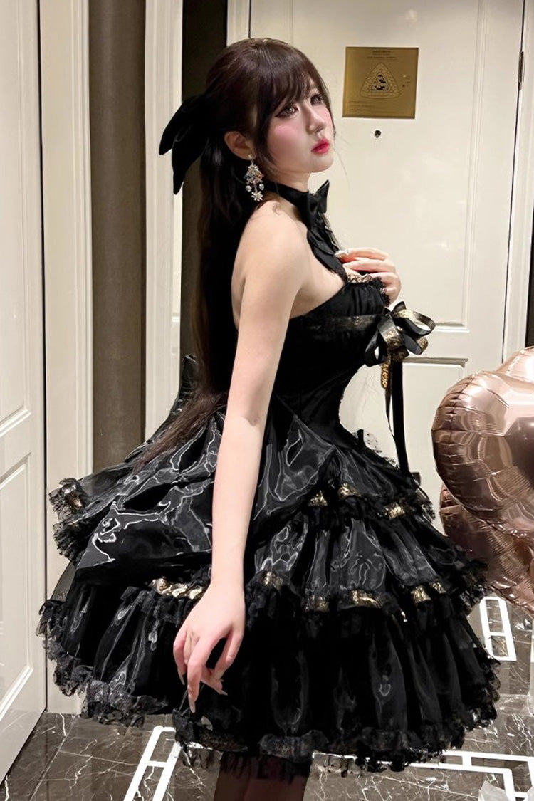 Black First Kiss Halterneck Triple-Layered Ruffle Lace Hot Stamping Gothic Princess Lolita Dress