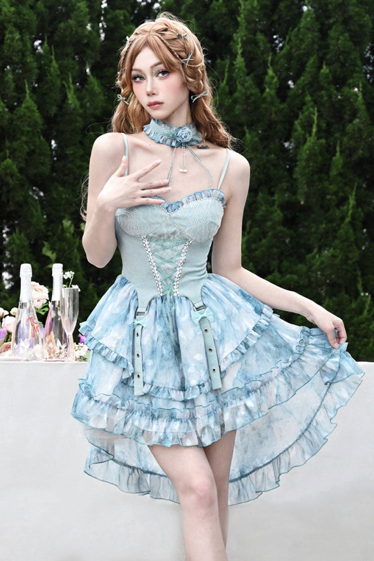 Blue Mirrorless Dream Double-Layered Tie-dyed Print Ruffle Bowknot Lace Train Sweet Lolita Jsk Dress