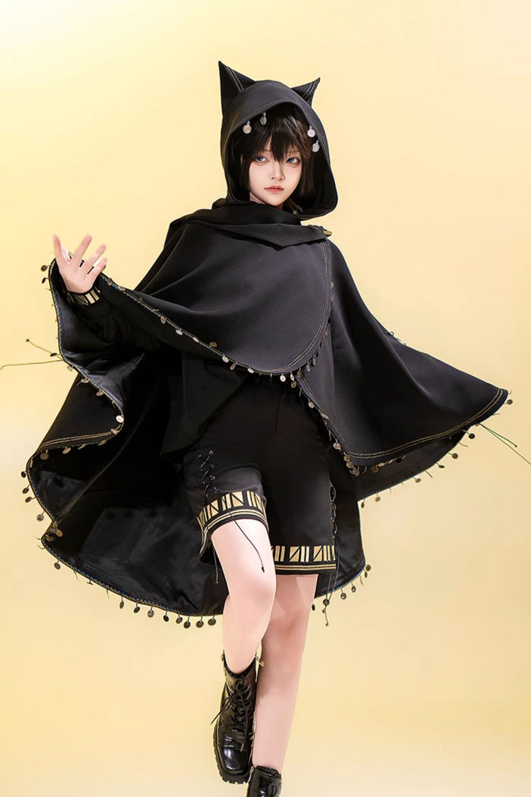 Black Black Cat Embroidery Cat Ears Hooded Ouji Gothic Prince Handsome Lolita Cloak
