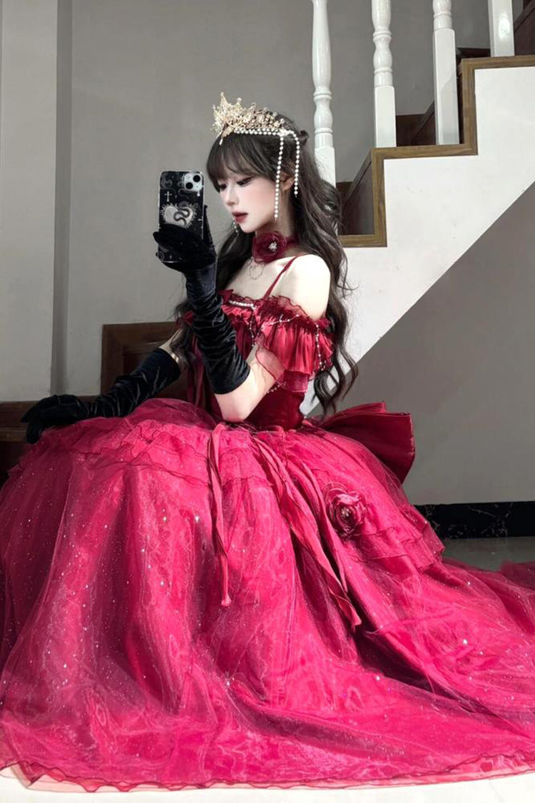 Red Bright Stars Off Shoulder Ruffle Bowknot Asymmetric Sweet Elegant Princess Lolita Dress