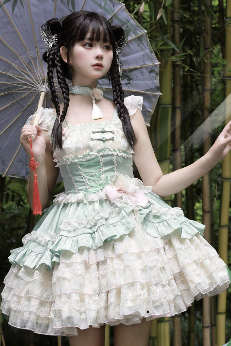 Ancient Poetry Print Multi-layer Ruffle Bowknot Lace Sweet Chinese Style Lolita Tiered Dress 2 Colors