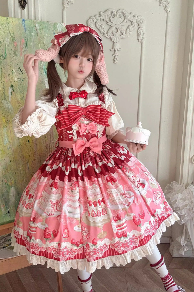 Red/Pink Strawberry Cake Printed Ruffled Bow Daily Sweet Lolita Jsk Dress