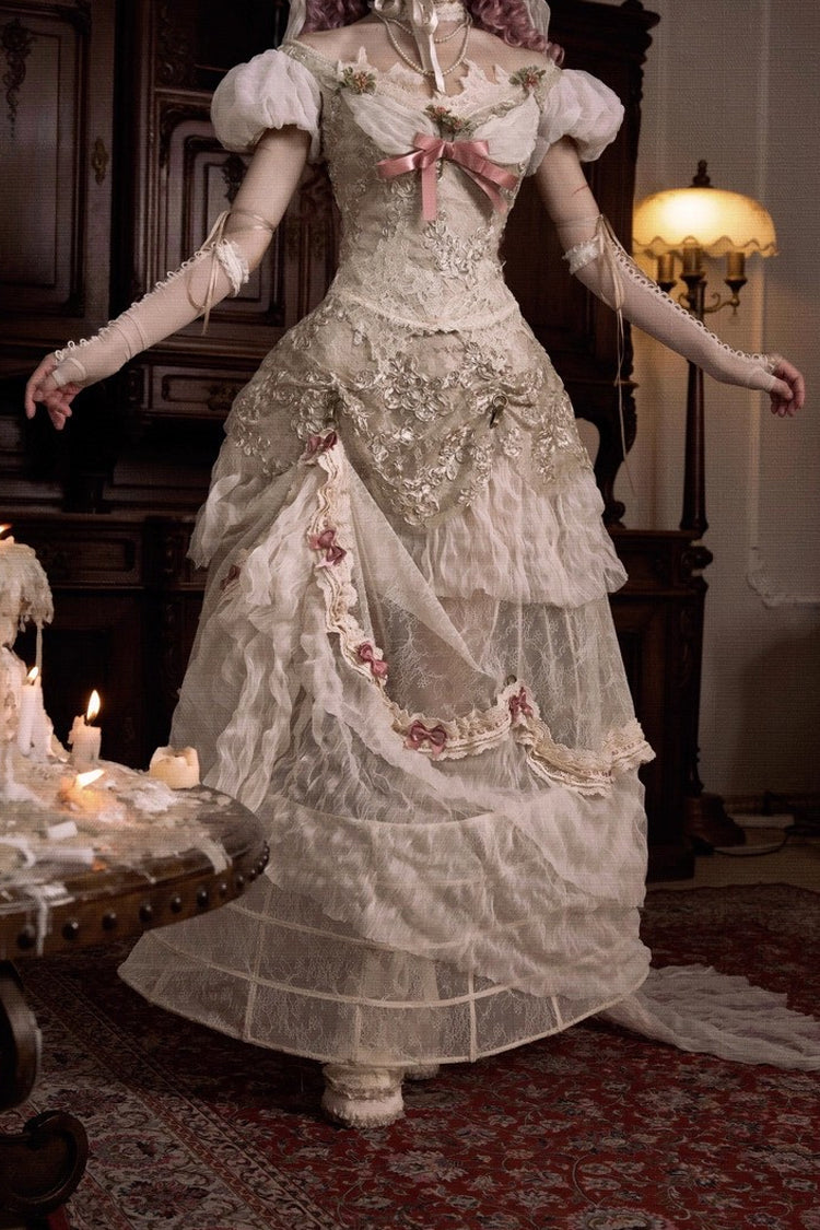 Light Brown Cupid's Poetry Box Boat Neck Short Puff Sleeves Ruffled Cut-Out Embroidered Bow Lace Gothic Elegant Lolita Skirt Dress and Top Set