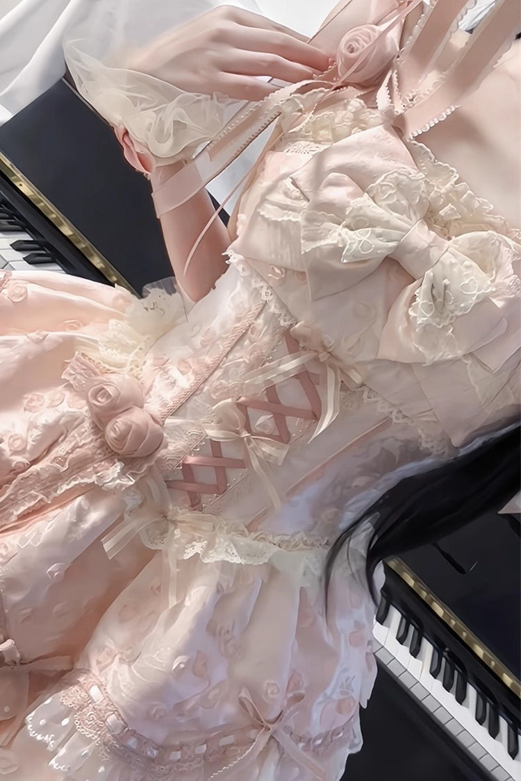 Pink Floral Overture Double-Layered Ruffle Embroidery Bowknot Lace Sweet Lolita Jsk Dress