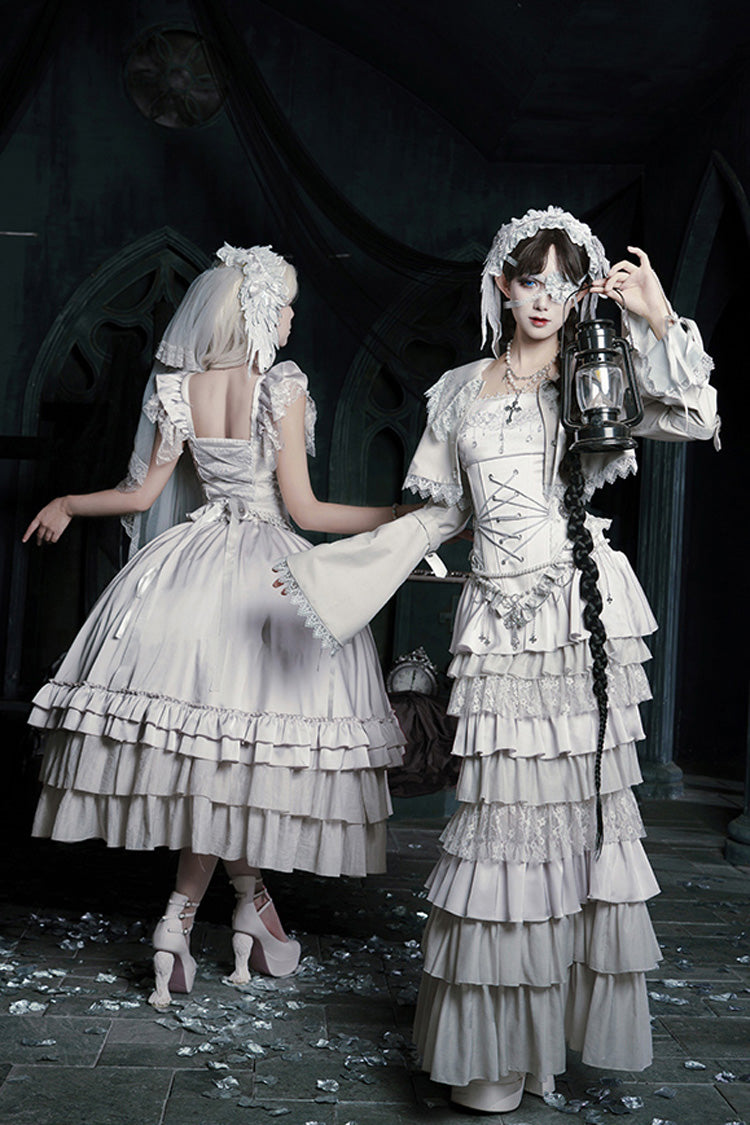 Solid Color Bionic Doll Square Collar Multi-Layered Ruffle Bowknot Lace-Up Gothic Lolita Fishtail Skirt Corset Set