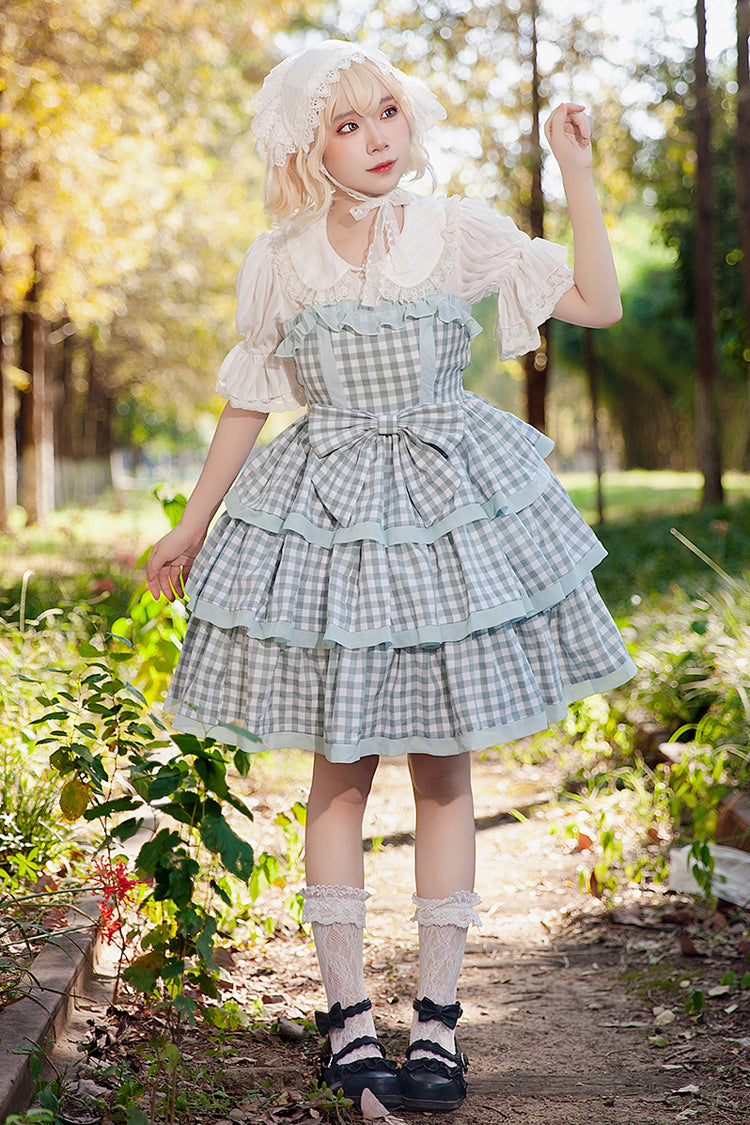 Blue Cloth Cat Triple-Layered Plaid Print Ruffle Bowknot Sweet Lolita Dress 2 Colors