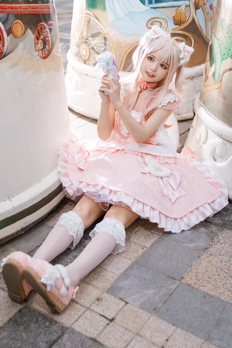 Pink Miss Meow Print Ruffle Bowknot Sweet Lolita Skirt Set