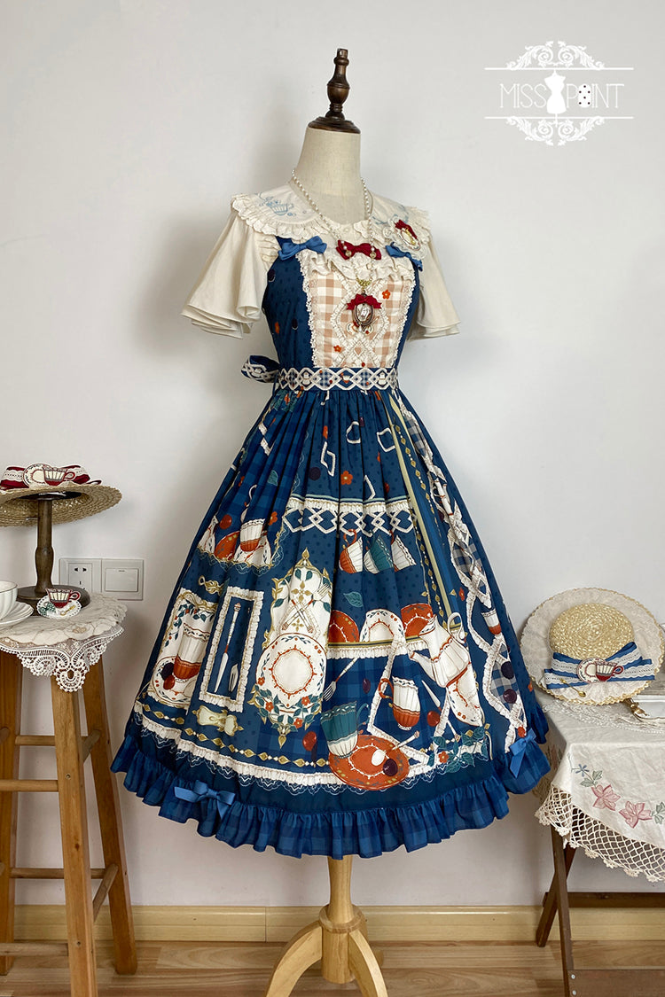 Dark Blue Tea Party Print Ruffle Bowknot Lace Sweet Elegant Lolita Jsk Dress