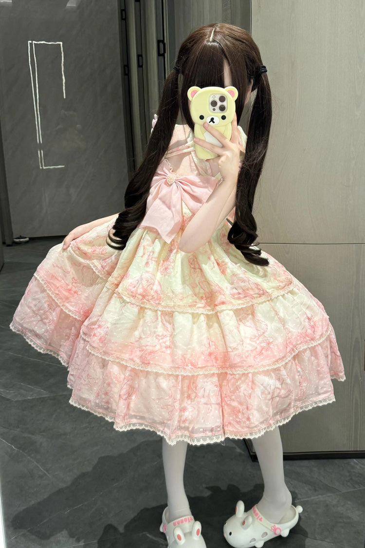 Pink Print Embroidery Bowknot Lace Sweet Princess Lolita Jsk Dress