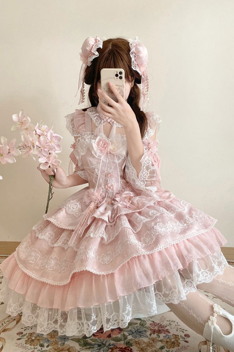 Pink Rain of Peaches Sleeveless Multi-Layered Bowknot Lace Sweet Chinese Style Lolita Jsk Dress