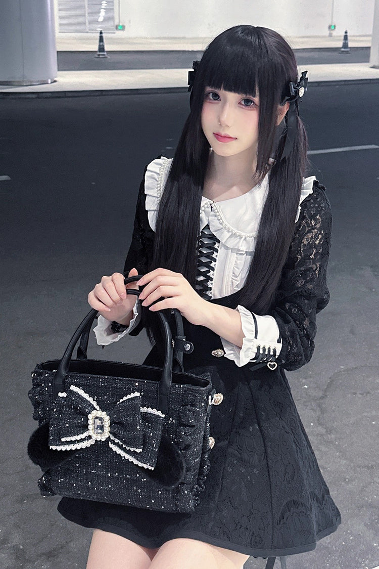 Sweet Ruffle Bowknot Zipper Pearl Chain Japanese Lolita Handbag 4 Colors
