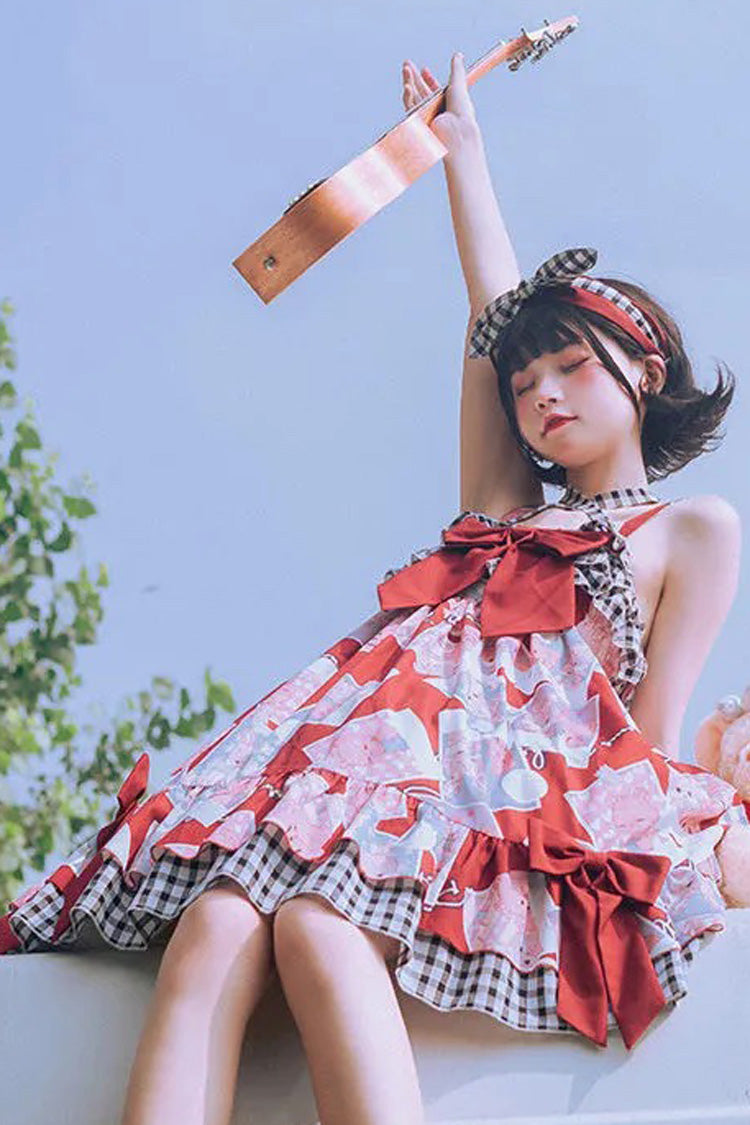 Detachable Shoulder Strap & Bowknot Print Stitching Ruffled Sweet Lolita Jsk Dress