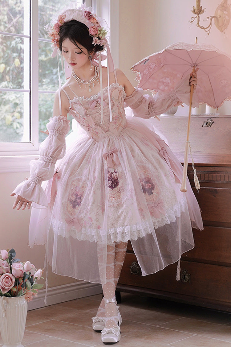 Pink Rose Window Print Ruffle Bowknot Lace Sweet Elegant Princess Lolita Jsk Dress