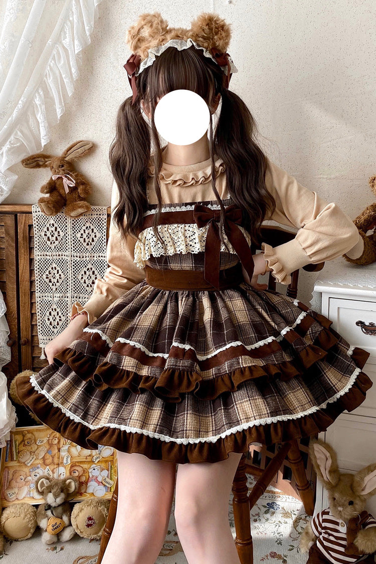 Brown Caramel Cocoa Double-Layered Print Ruffle Bowknot Sweet Lolita Jsk Dress