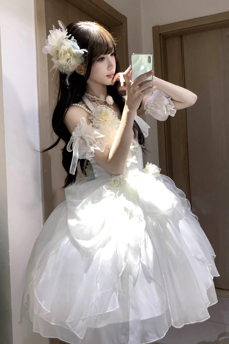 White Cindy Rose Halterneck Sleeveless Ruffle Bowknot Sweet Elegant Lolita Jsk Dress