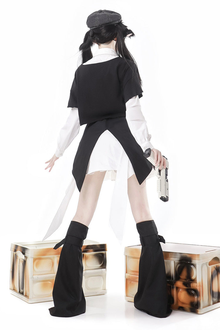 Black/White Cute Rabbit Sheriff Long Sleeves Slim Sweet Military Lolita Dress Set