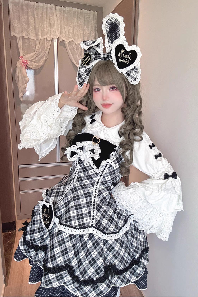 Black/White Shibuya Sweetheart Sleeveless Plaid Print Ruffle Bowknot Sweet Lolita Jsk Dress (Plus Size Support)