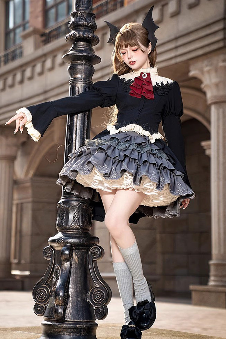 Black Eternal Night Feast Multi-Layered Ruffle Lace Gothic Princess Lolita Top and Skirt Set